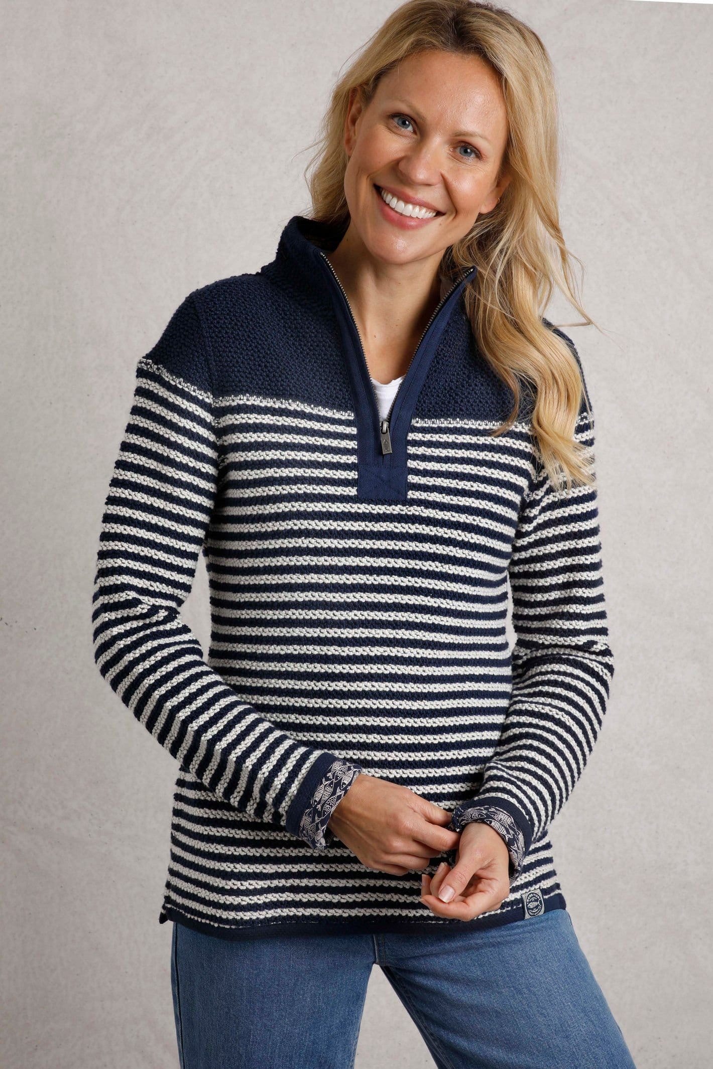 Weird Fish Weird Fish Women's Juliet 1/4 Zip Stripe Macaroni Sweatshirt in Navy - 4