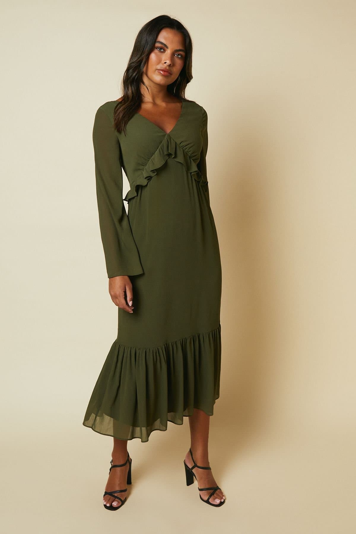 Debut London Debut London Women's By Coast Kimono Sleeve Tiered Hem Georgette Midi Dress in Olive