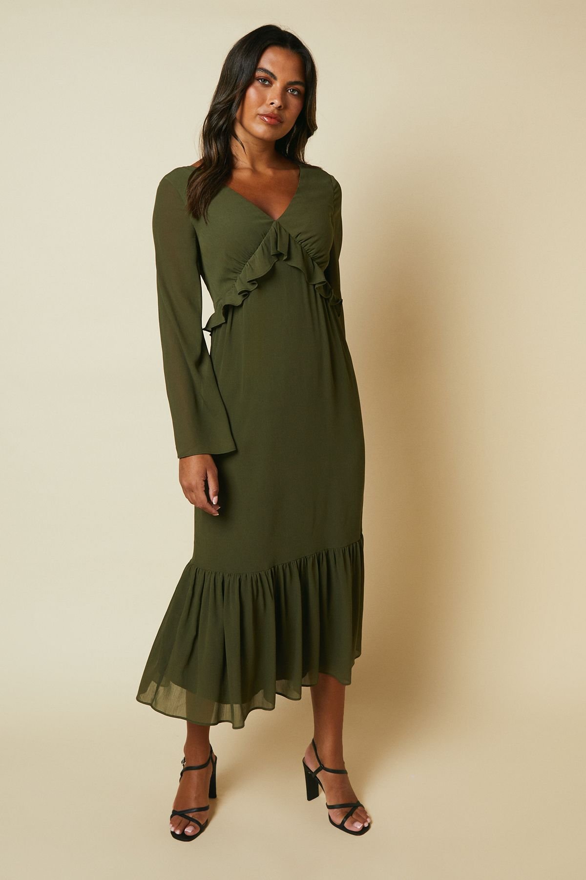 Debut London Debut London Women's By Coast Kimono Sleeve Tiered Hem Georgette Midi Dress in Olive - 2