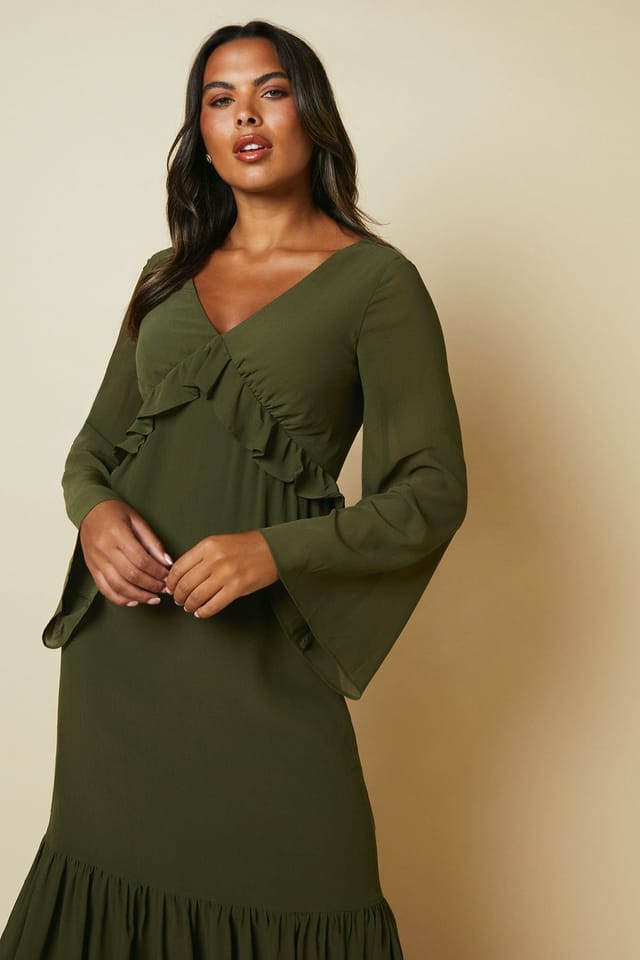 Debut London Debut London Women's By Coast Kimono Sleeve Tiered Hem Georgette Midi Dress in Olive - 2
