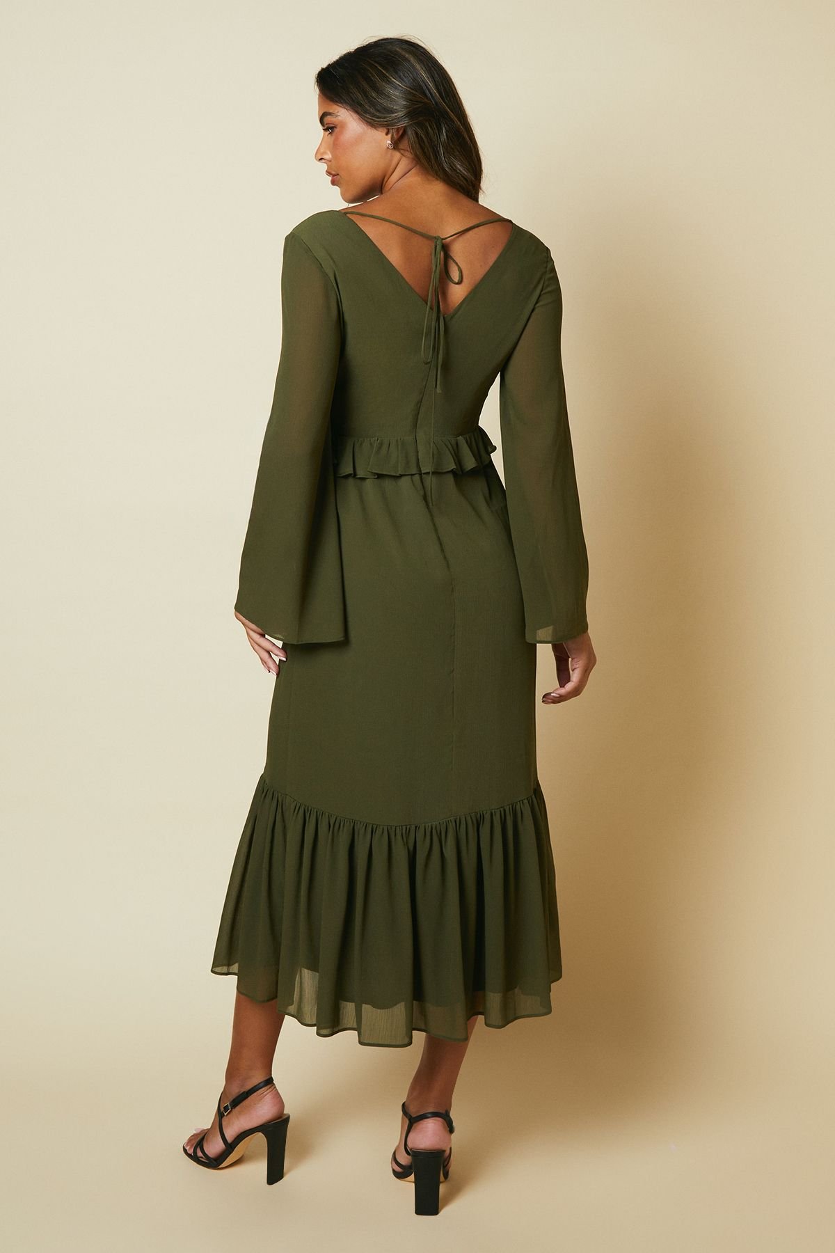 Debut London Debut London Women's By Coast Kimono Sleeve Tiered Hem Georgette Midi Dress in Olive - 3