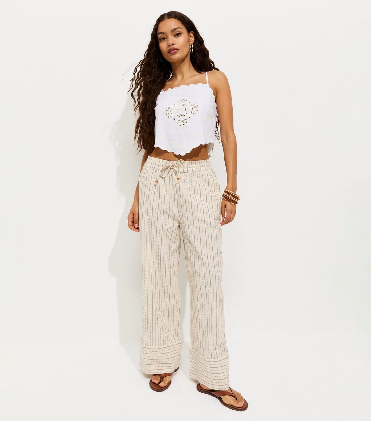 New Look New Look Petite Cream Striped Wide Leg Trousers