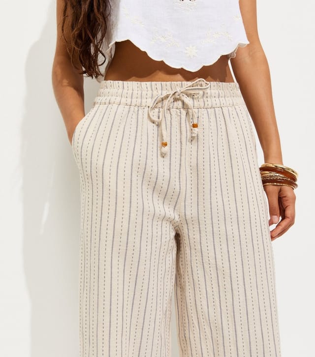 New Look Women's Petite Cream Cotton Rich Striped Wide Leg Trousers New Look - 2