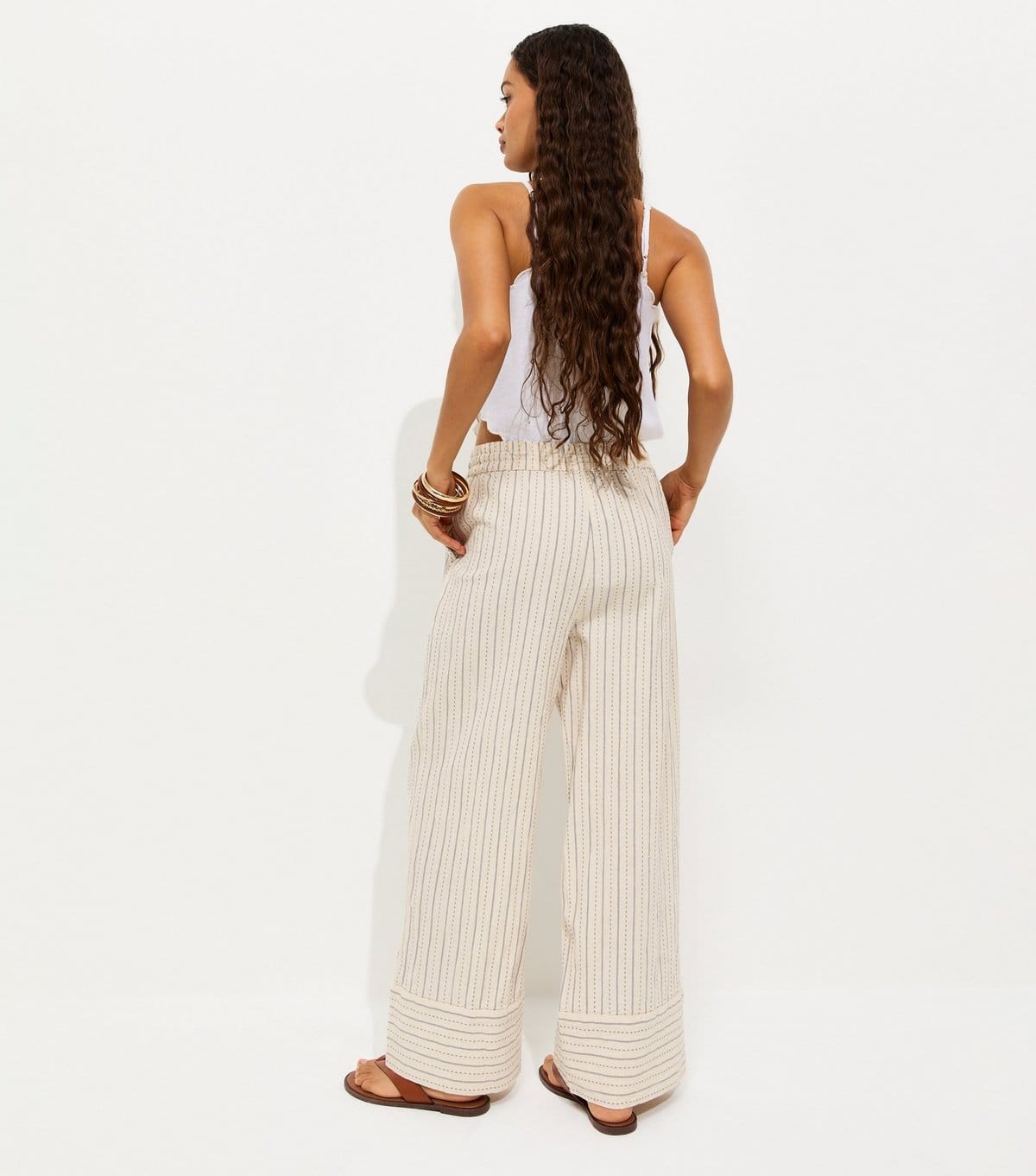 New Look Women's Petite Cream Cotton Rich Striped Wide Leg Trousers New Look - 4