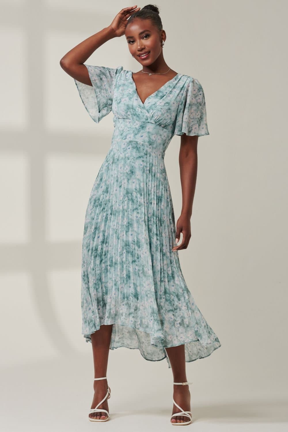 Jolie Moi Jolie Moi Women's Chelsea Pleated Chiffon Dip Hem Maxi Dre in Light Blue