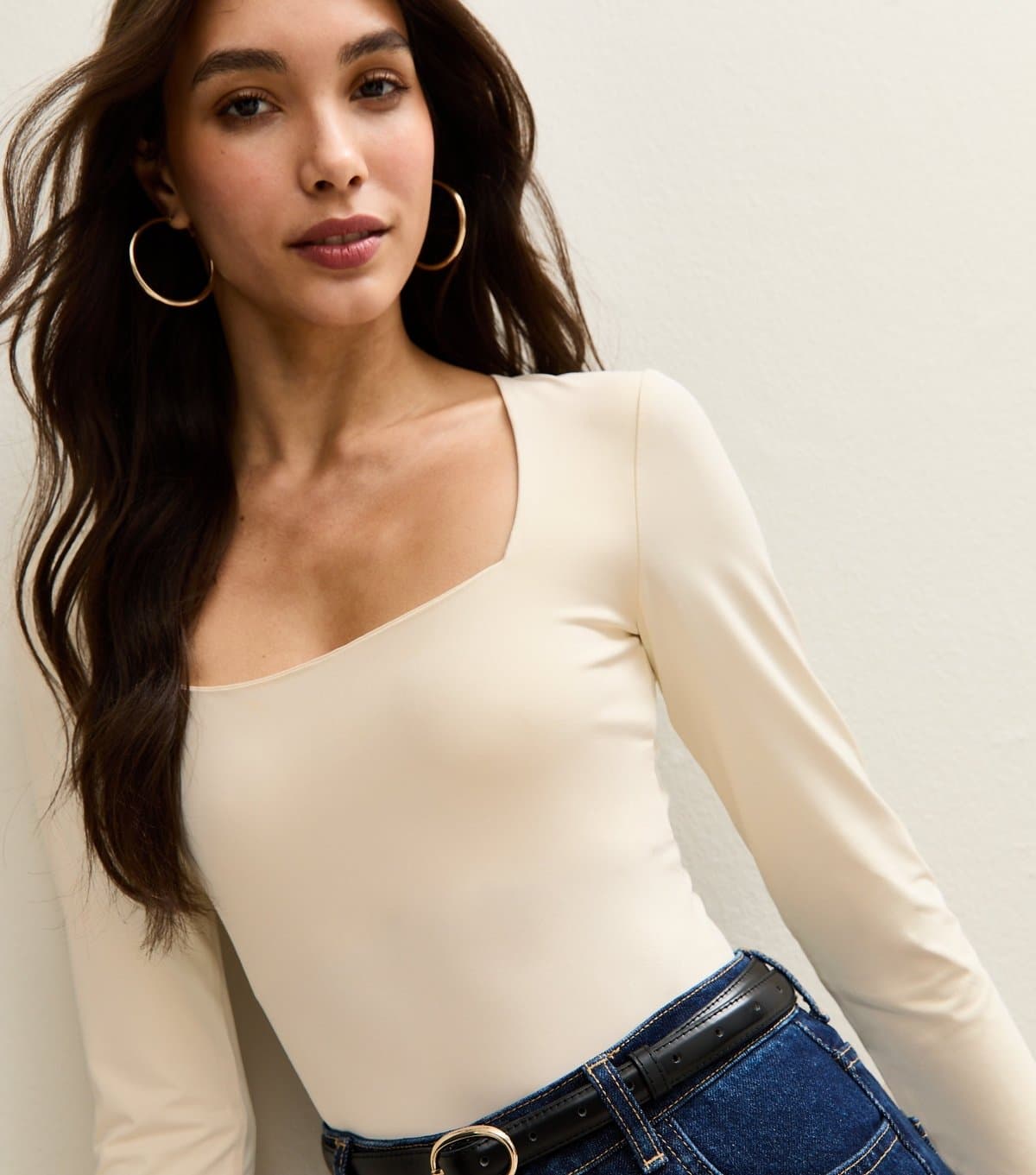 New Look Women's Cream Slinky Square Neck Long Sleeve Bodysuit New Look