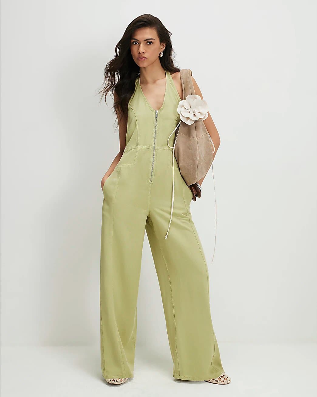River Island River Island Womens Green Halter Neck Denim Jumpsuit
