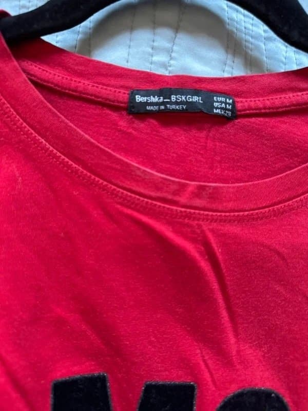 Bershka Bershca red T shirt with Amore velvet writing across chest