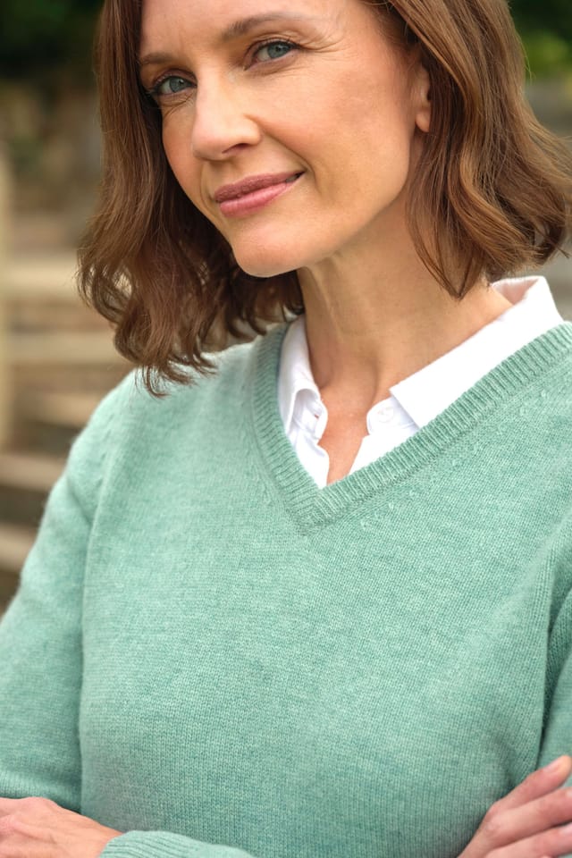 WoolOvers WoolOvers Women's 100% Wool Classic V Neck Jumper in Pale Green - 2