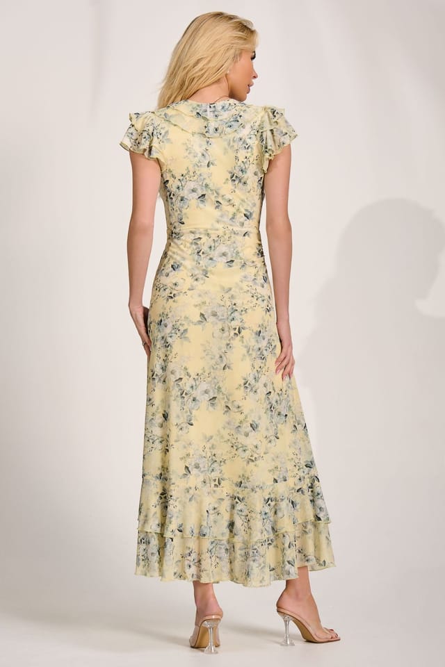 Jolie Moi Jolie Moi Women's Ruffle V-Neck Mesh Maxi Dress in Yellow - 2