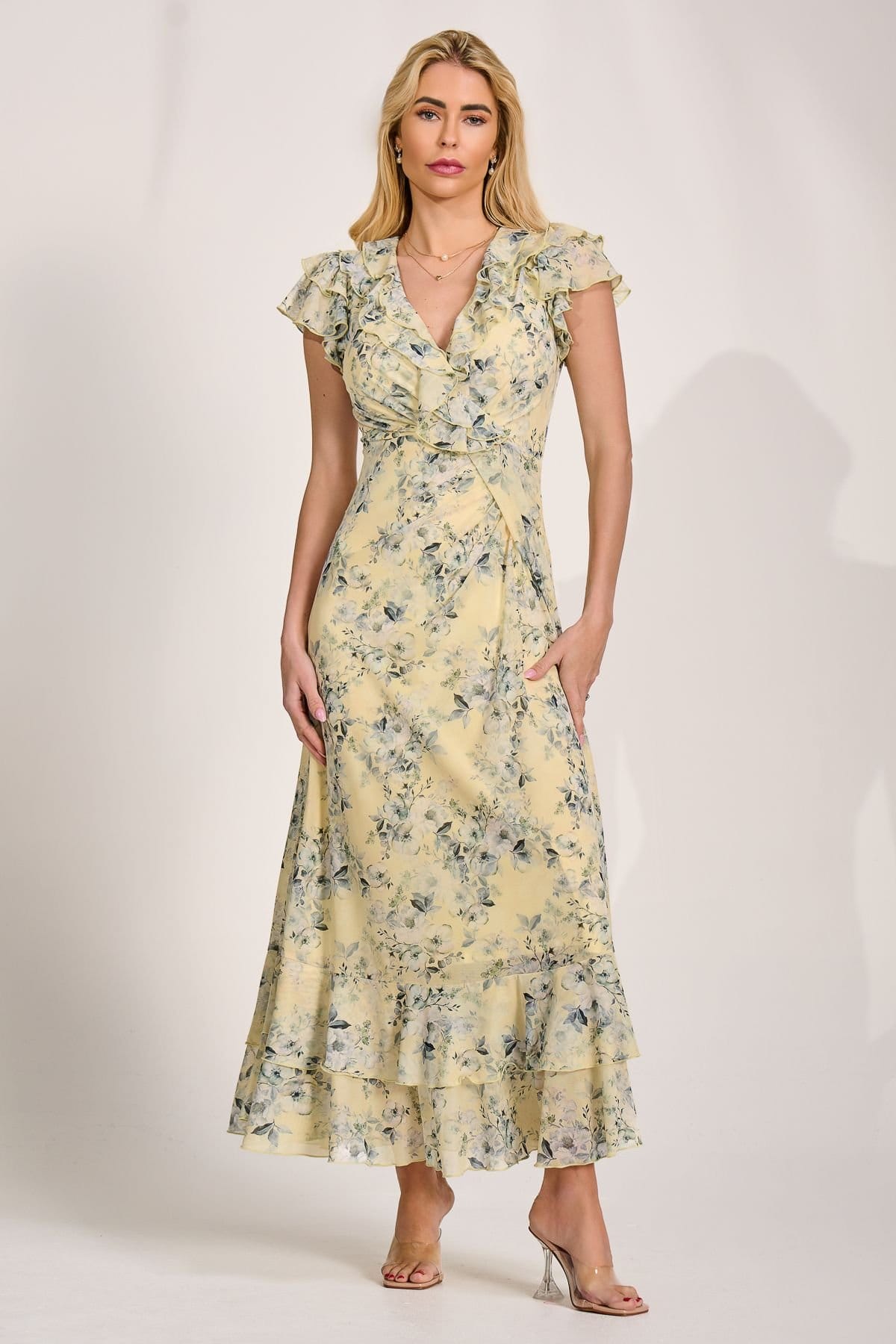 Jolie Moi Jolie Moi Women's Ruffle V-Neck Mesh Maxi Dress in Yellow - 4