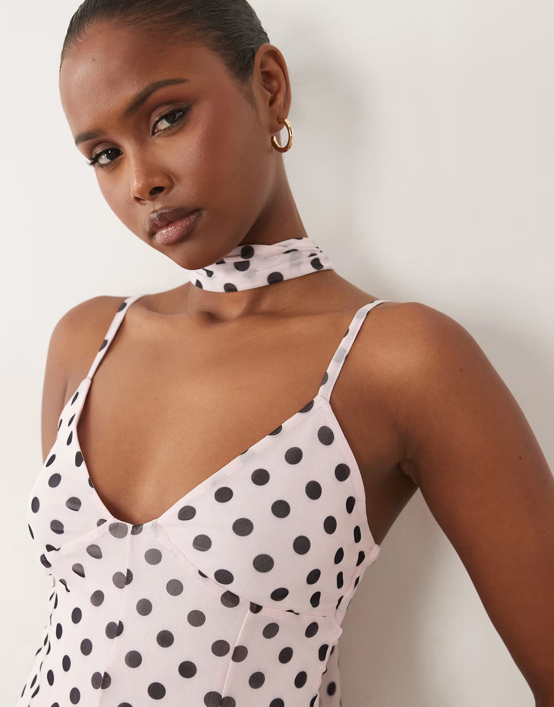 ASOS ASOS DESIGN printed scarf detail godet mini dress in pink and brown polka dot