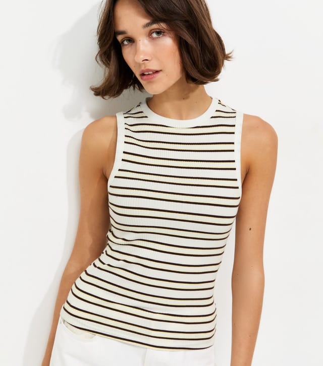 New Look Women's Yellow Striped Cotton Rich Ribbed Tank Top New Look - 2