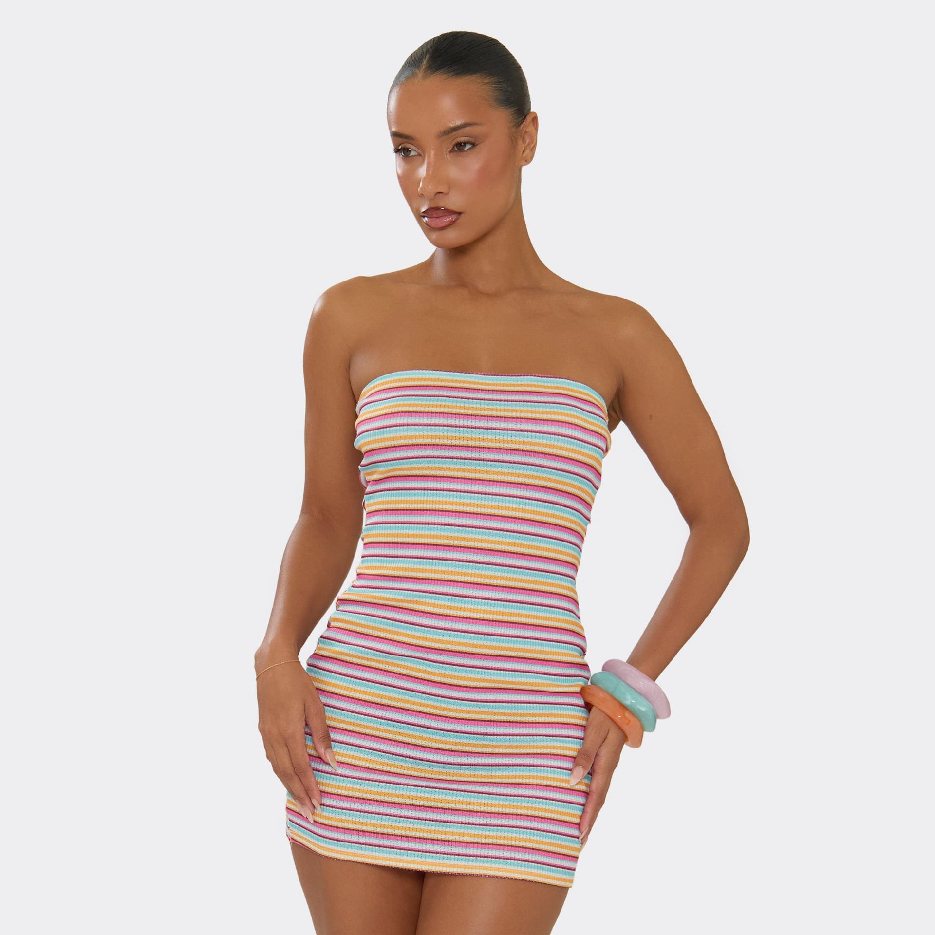 EGO Bandeau Mini Dress In Multi Stripe, Women's Size UK 6