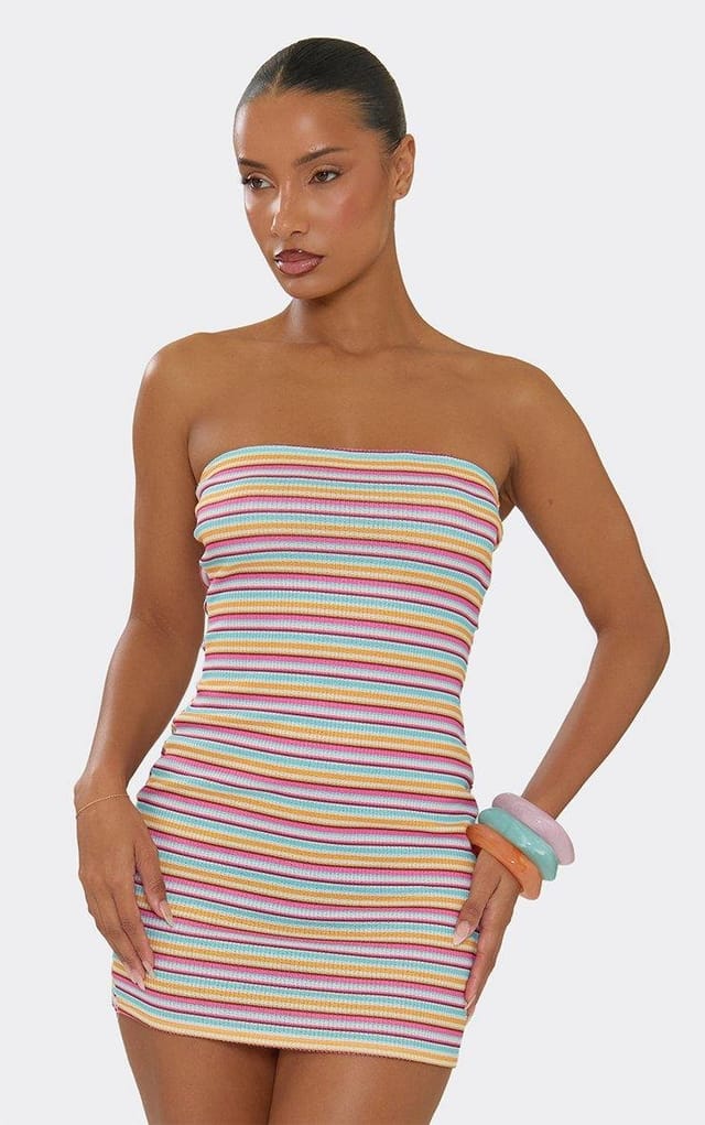 EGO Bandeau Mini Dress In Multi Stripe, Women's Size UK 6 - 2