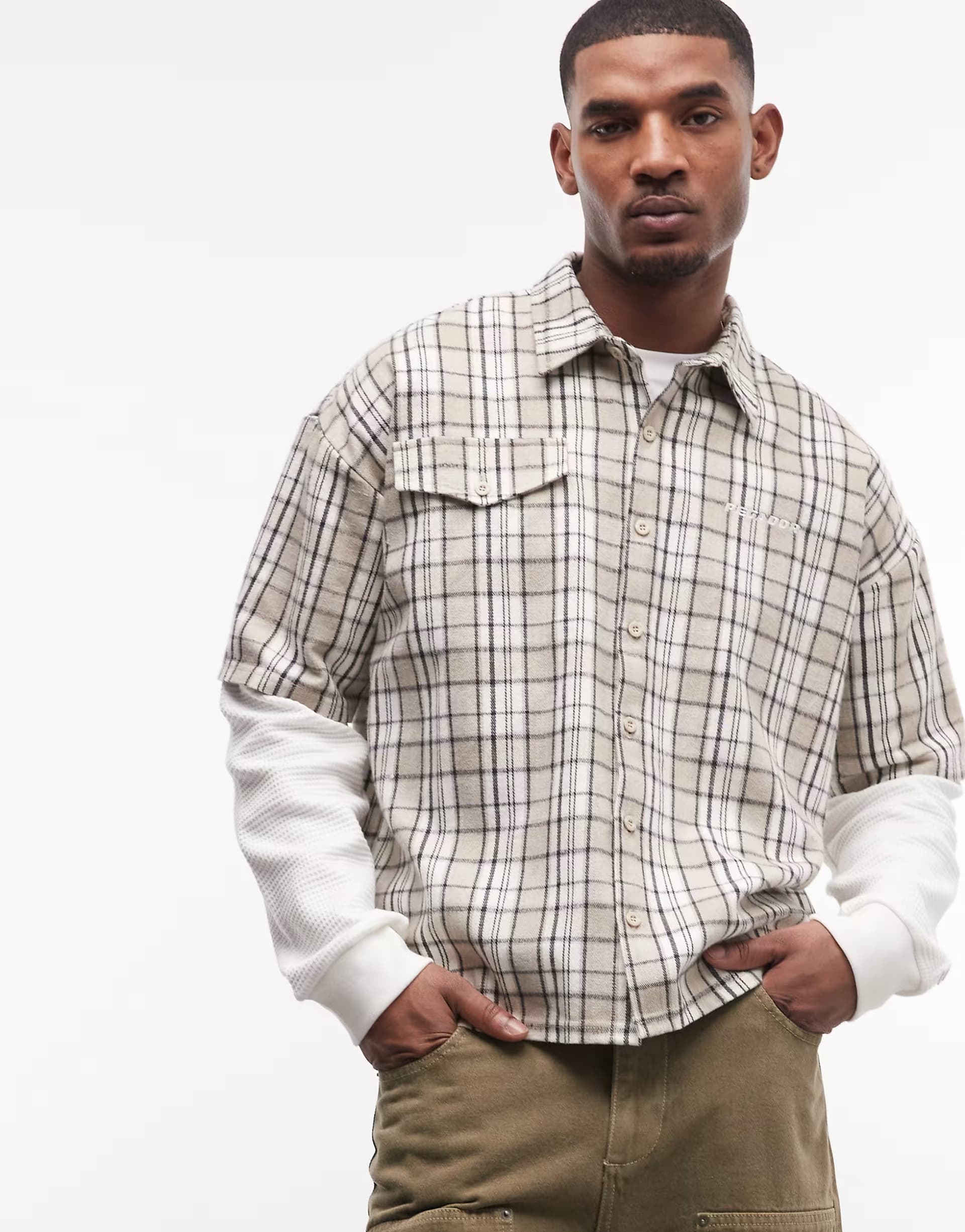 ASOS ASOS Beige Check Double Sleeve Waffle Detail Shirt