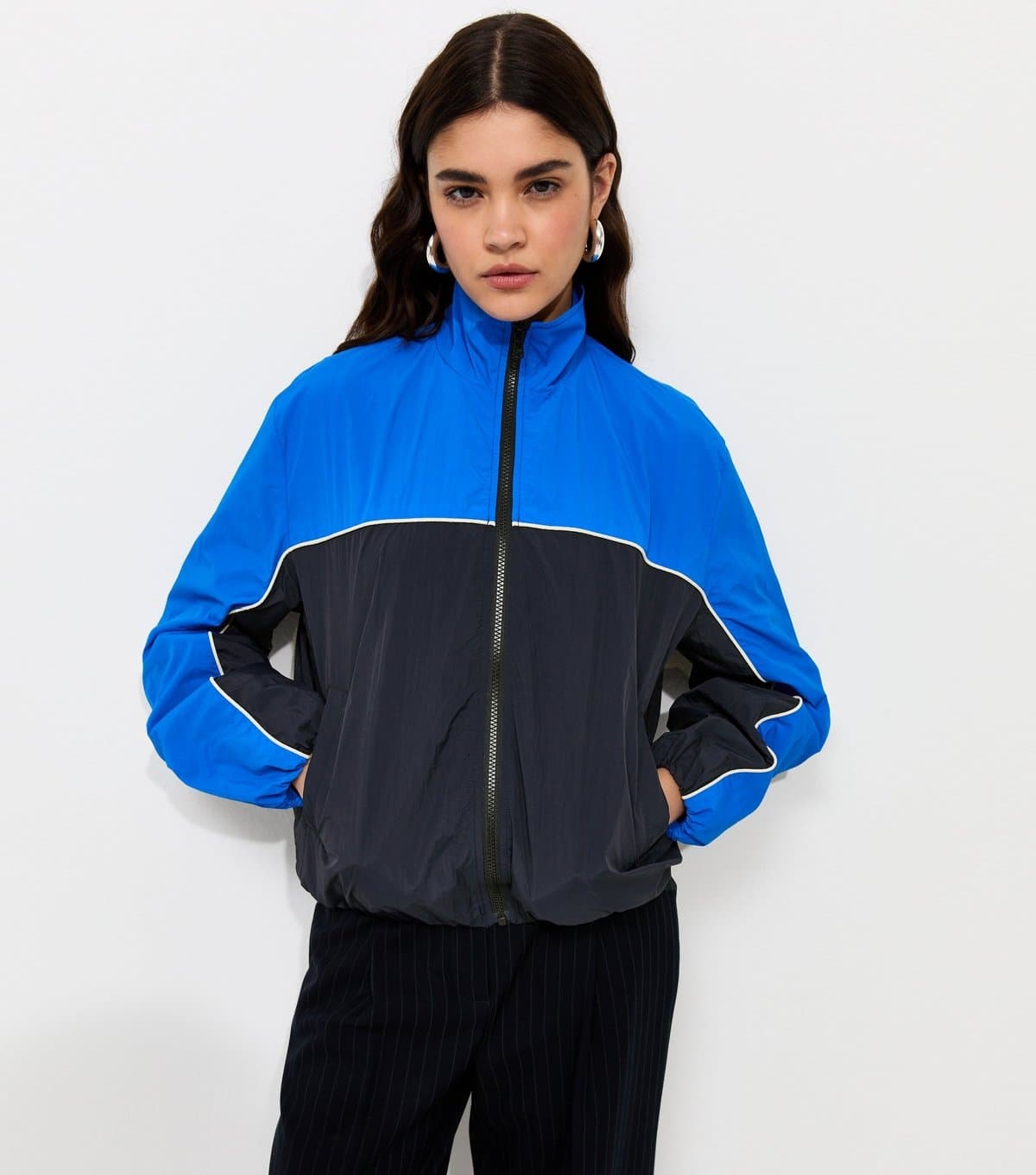 New Look Women's Blue Colour Block Zip Up Funnel Neck Windbreaker Jacket New Look