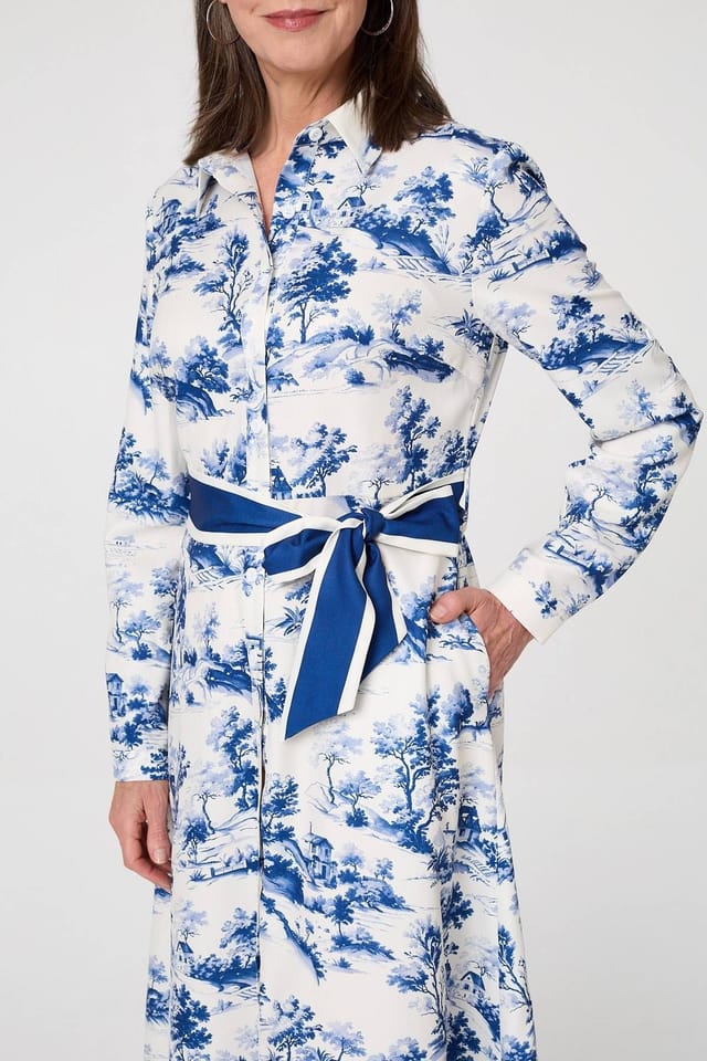 Izabel London Izabel London Women's Border Print Tie Waist Maxi Shirt Dress in White - 2