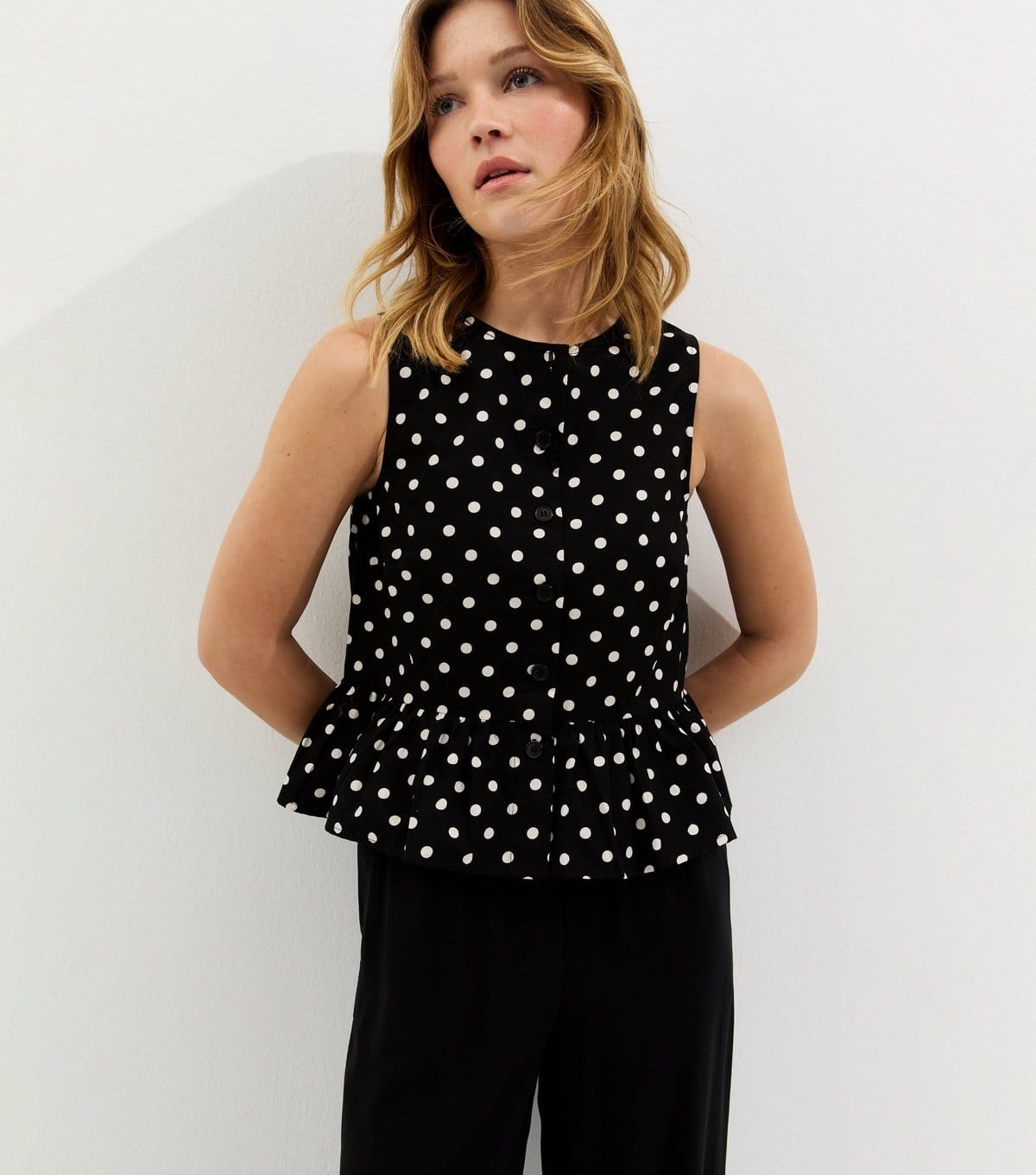 New Look Women's Black Polka Dot Button Up Peplum Top New Look - 1