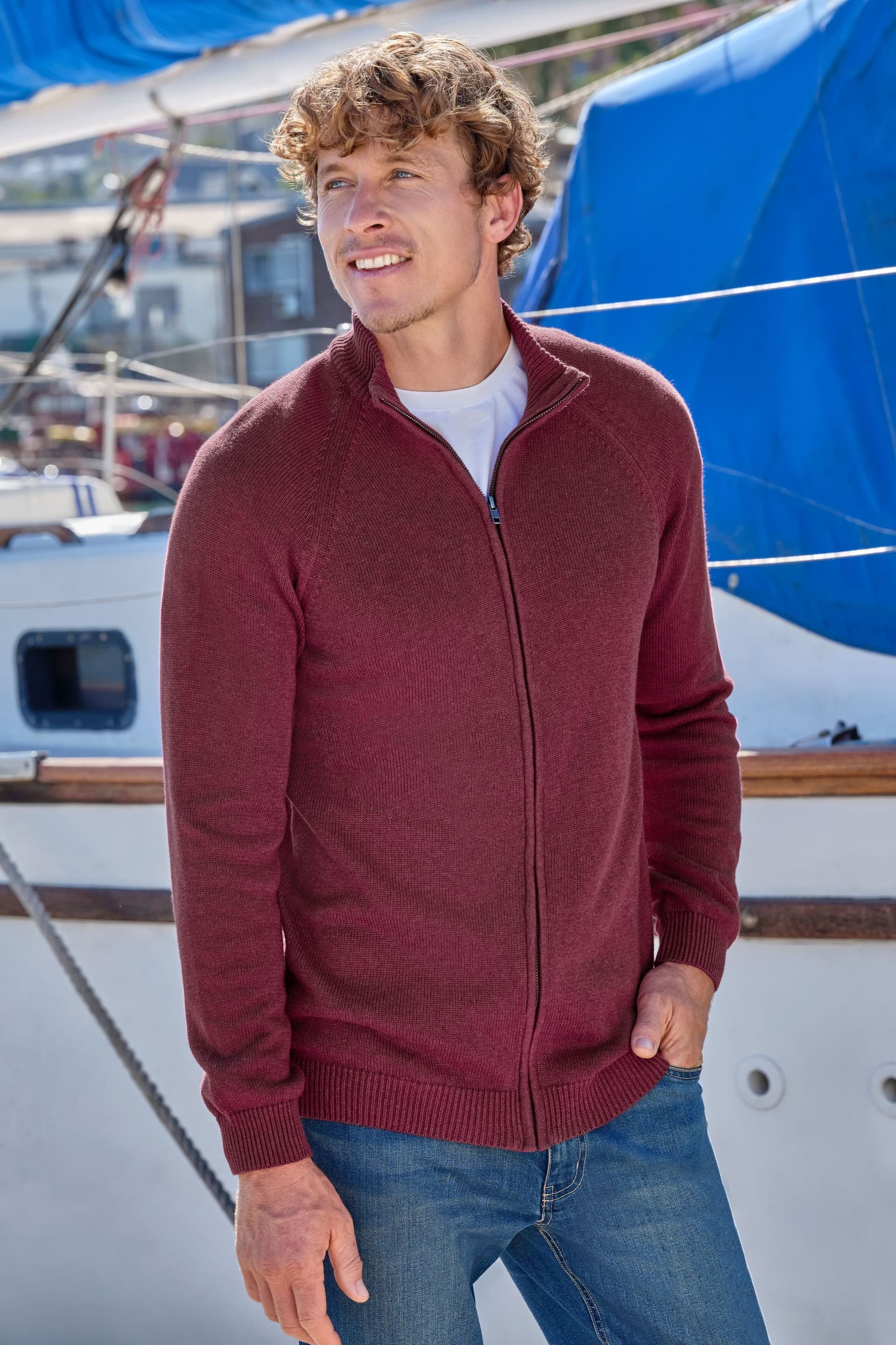 WoolOvers WoolOvers Men's Essential Cotton Zip Cardigan in Dark Red