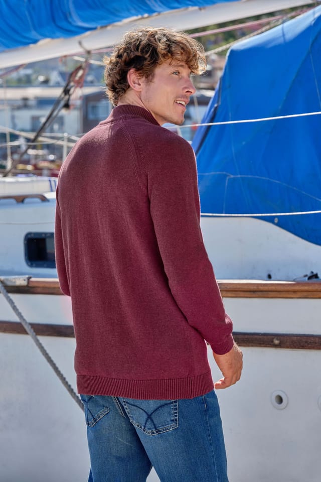 WoolOvers WoolOvers Men's Essential Cotton Zip Cardigan in Dark Red - 3