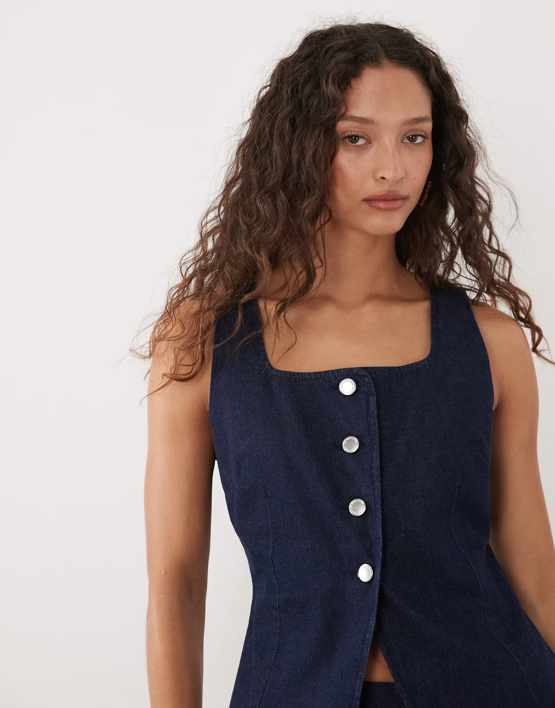 ASOS Mango Avery 100% cotton square neck denim top co-ord in dark blue