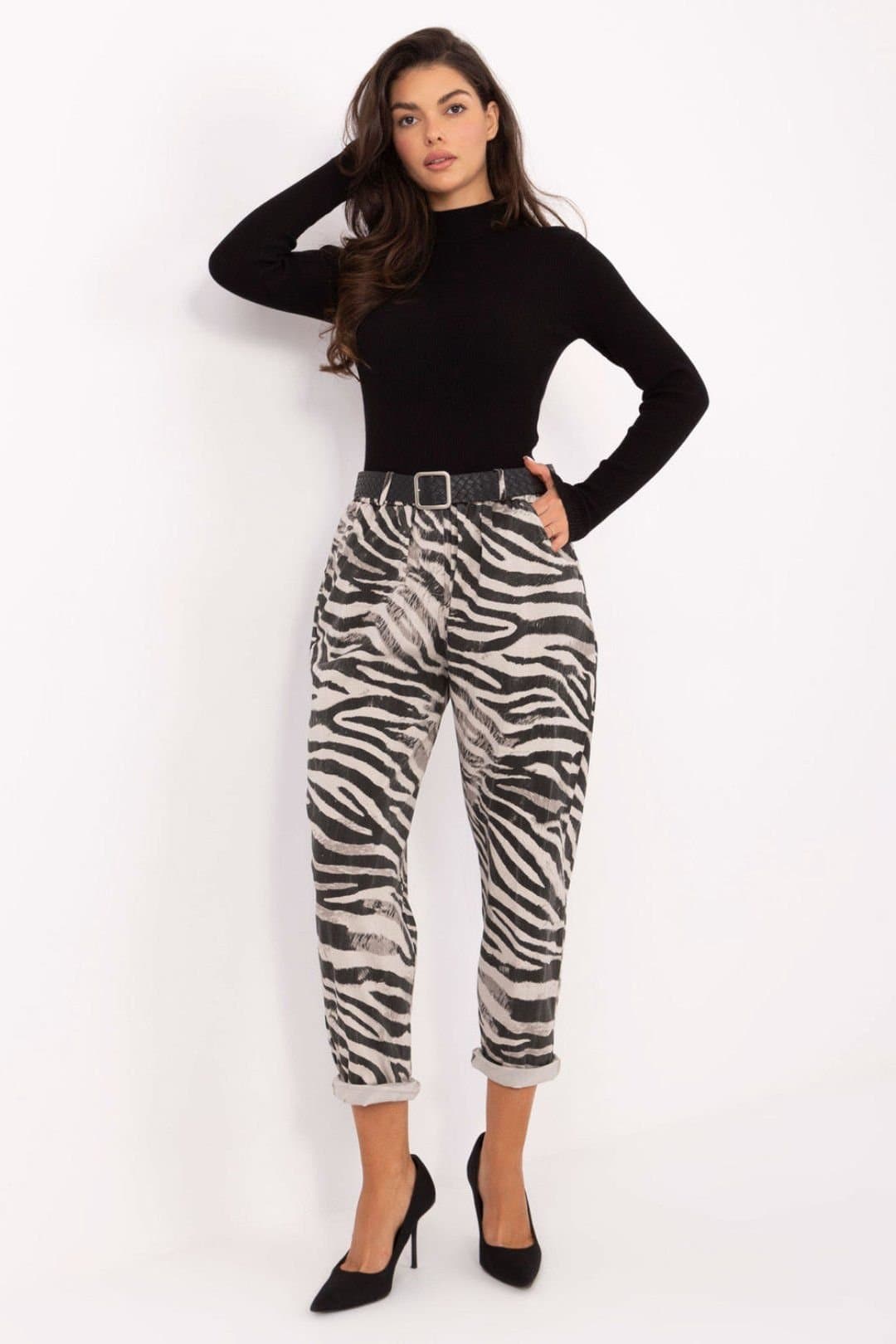 Love Lace Love Lace Women's Zebra Pattern High Waist Tapered Trousers in Beige