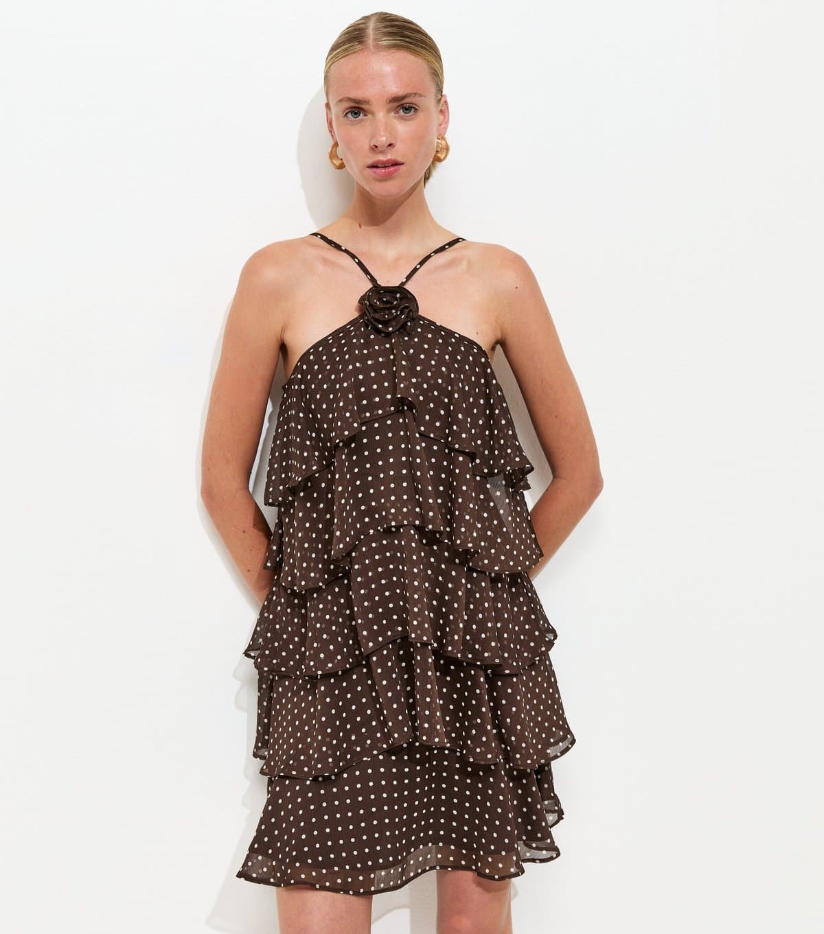 New Look Women's Brown Polka Dot Ruffle Halterneck Mini Dress New Look