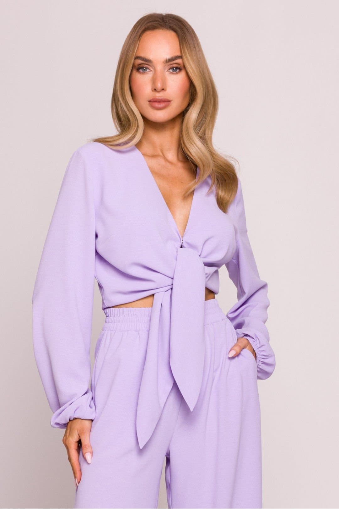 Love Lace Love Lace Violet Crepe Textured Crop Blouse with Puff Sleeves