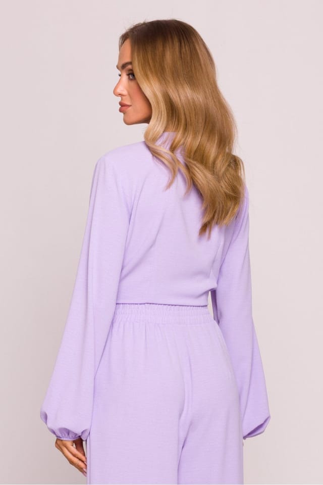 Love Lace Love Lace Women's Crepe Textured Crop Blouse with Puff Sleeves in Violet - 3