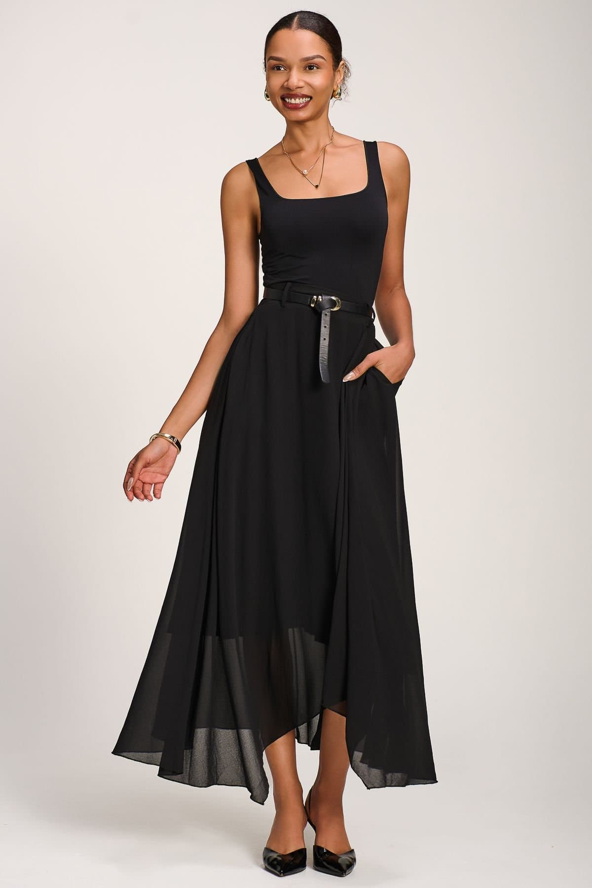 Jolie Moi Jolie Moi Women's Asymmetric Frill Chiffon Maxi Skirt in Black