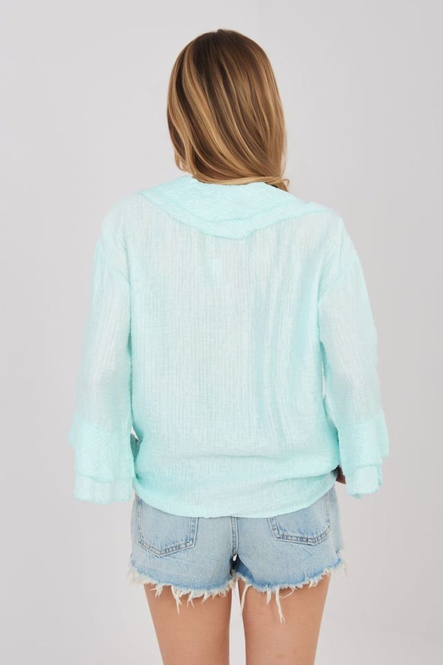 Love Lace Love Lace Women's Boho V Neck Jabot Long Sleeve Shirt in Green - 3