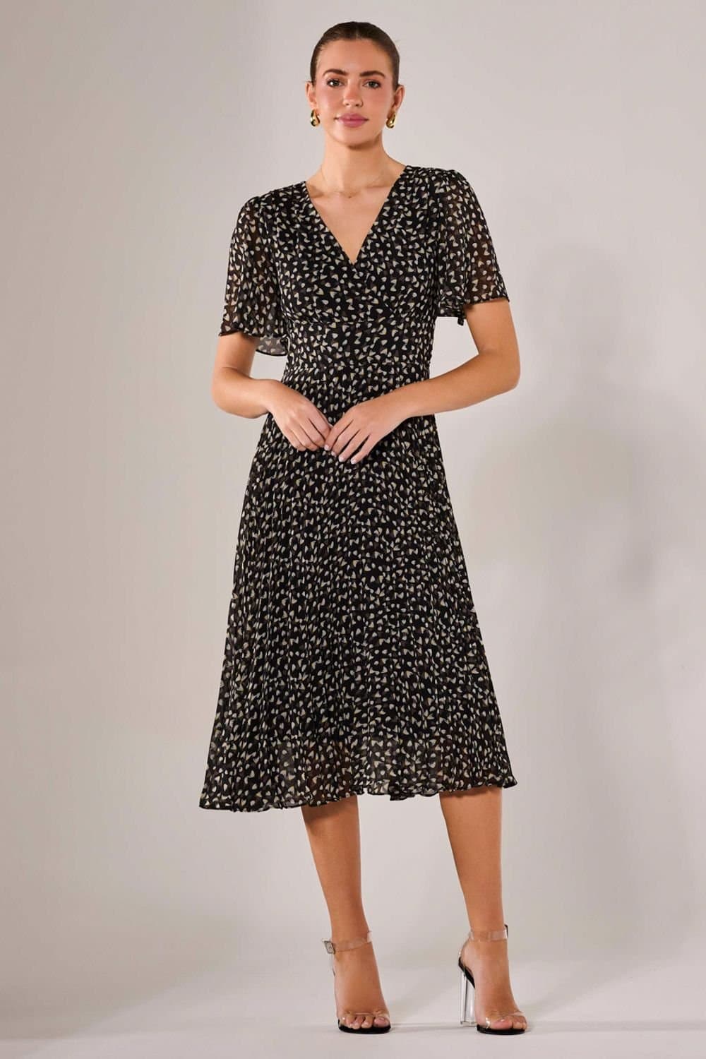 Jolie Moi Jolie Moi Women's Chiffon Pleated Wrap Midaxi Dress in Jet Black