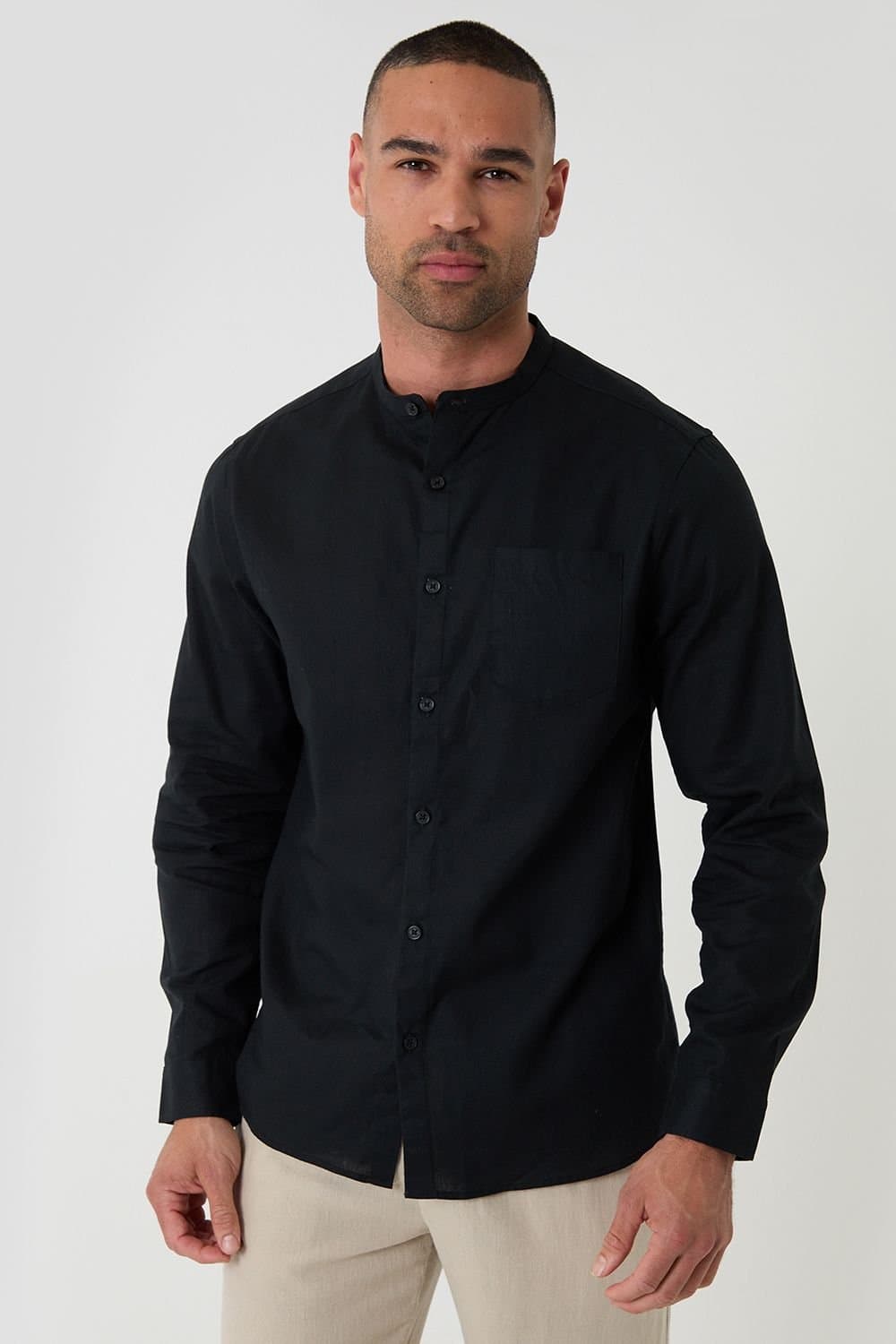 Threadbare threadbare Men's Linen Blend Long Sleeve Grandad Collar Shirt in Black