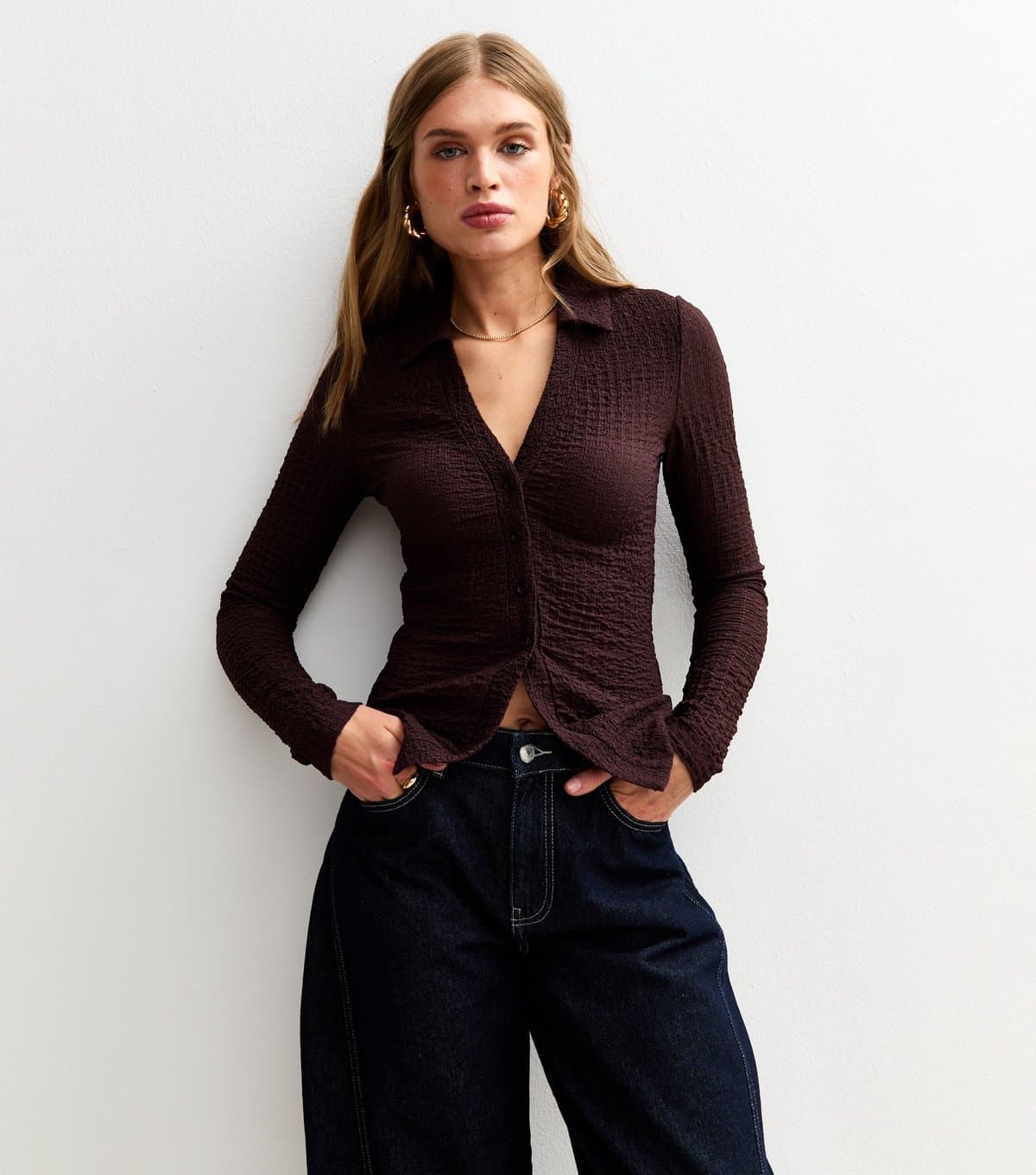 New Look Women's Brown Textured Jersey Collared Long Sleeve Top New Look