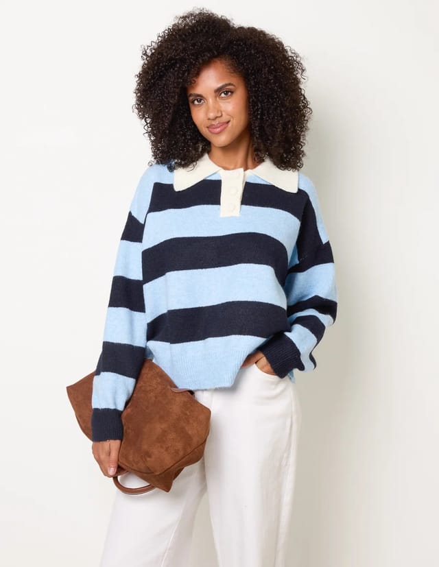 Blue Vanilla Stripe Knit Polo Jumper - 3