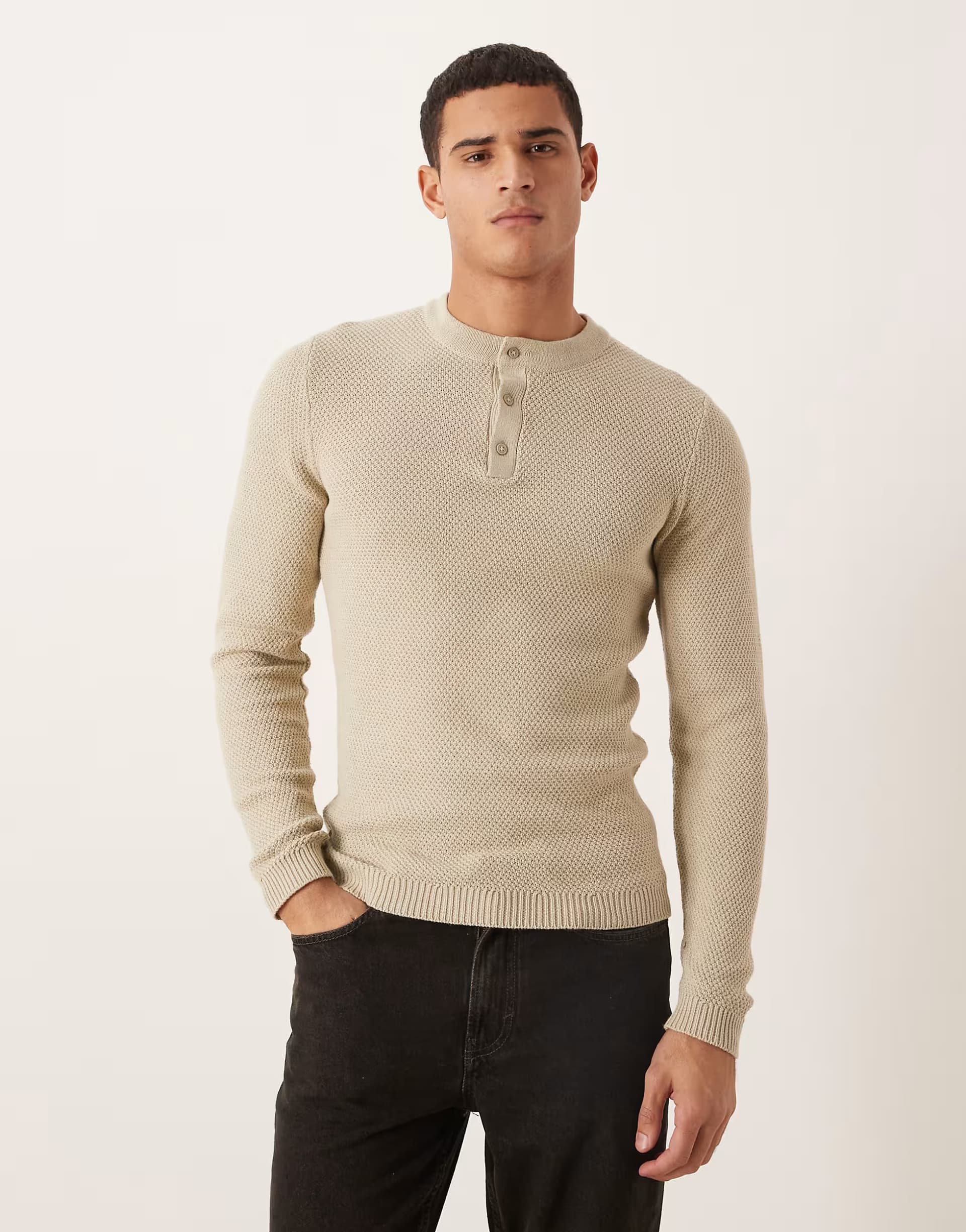 ASOS ASOS DESIGN muscle fit knitted henley neck jumper in cream