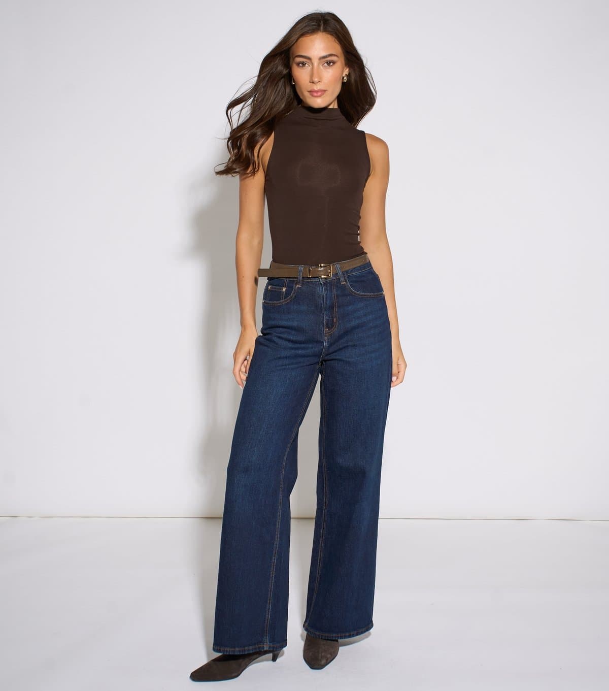 Gini London Women's Dark Blue Midi Rise Wide Leg Jeans Gini London New Look