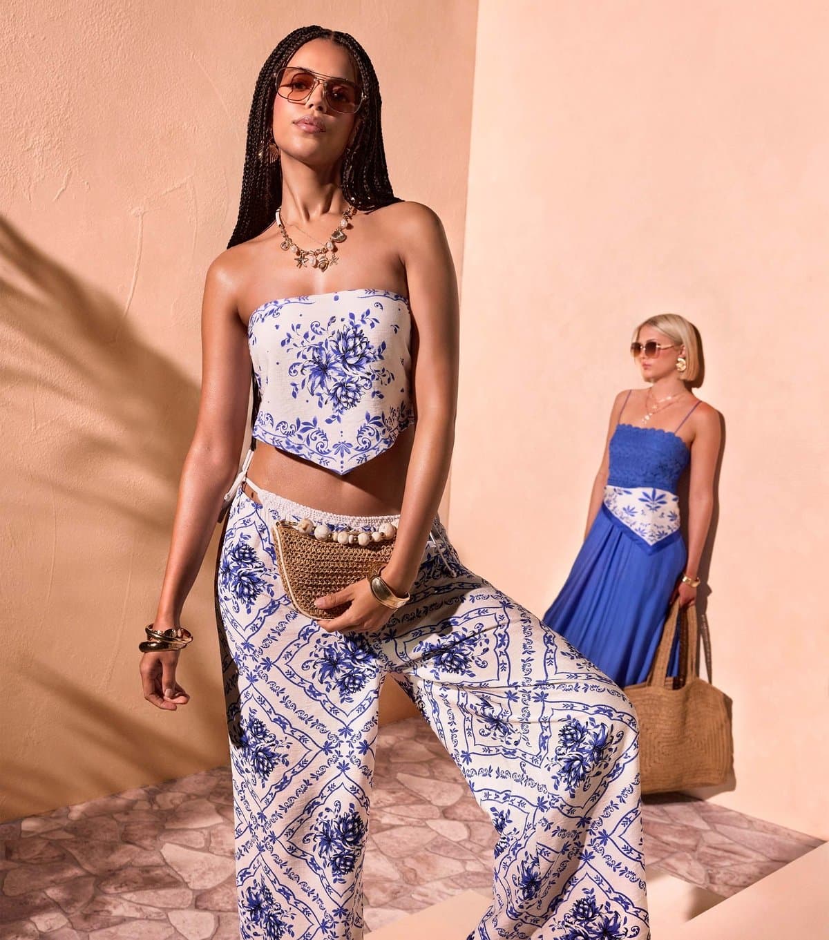 New Look Women's White Tile Pattern Beach Wide Leg Trousers New Look