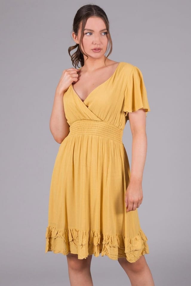 SOLO SOLO Women's Wrap Smock Dress in Mustard - 3