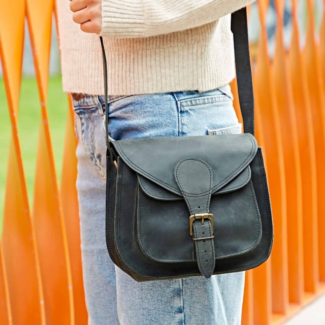 Paper High Paper High Women's Black Buffalo Leather Curved Saddle Bag - 2