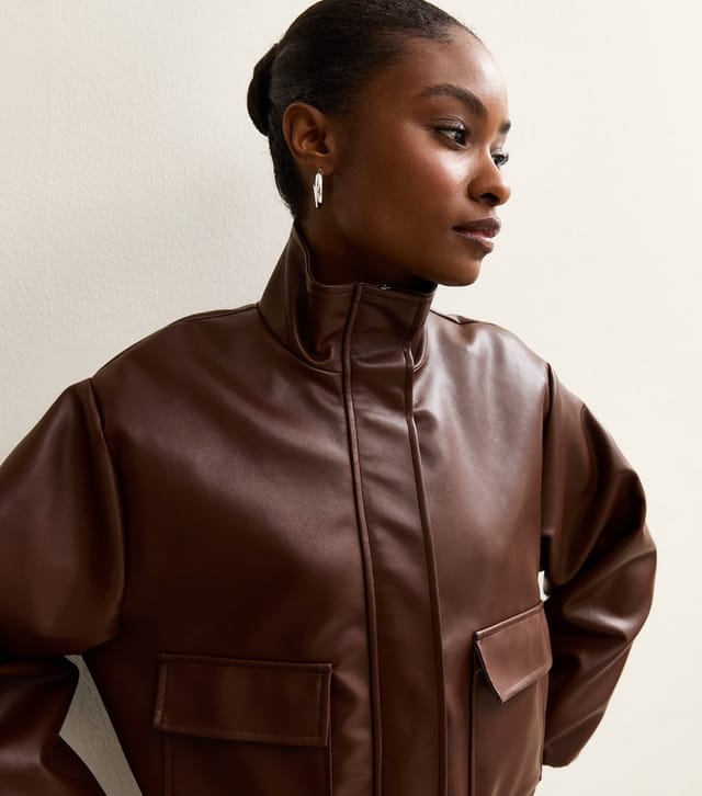 New Look Women's Dark Brown Faux Leather Funnel Neck Bomber Jacket New Look - 2