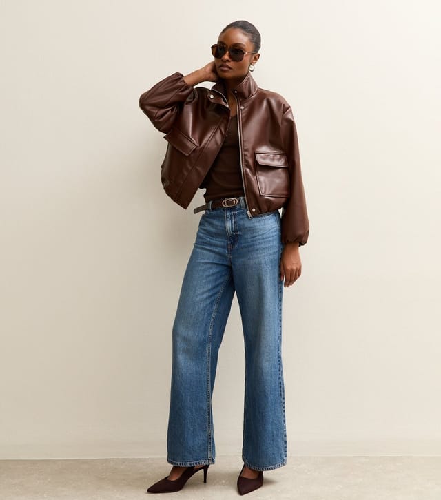 New Look Women's Dark Brown Faux Leather Funnel Neck Bomber Jacket New Look - 3
