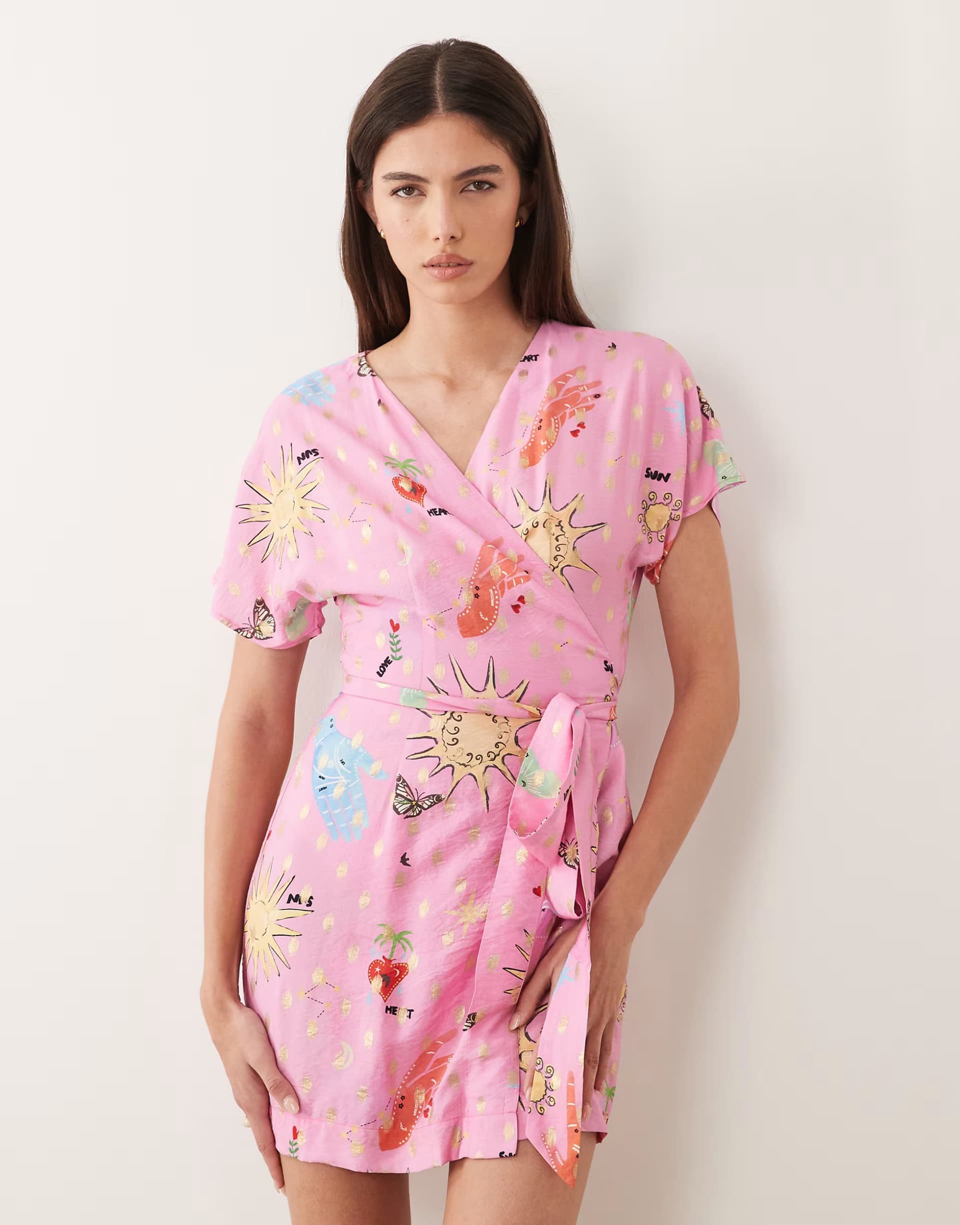 ASOS Never Fully Dressed short sleeve tie detail wrap mini dress in pink celestial print