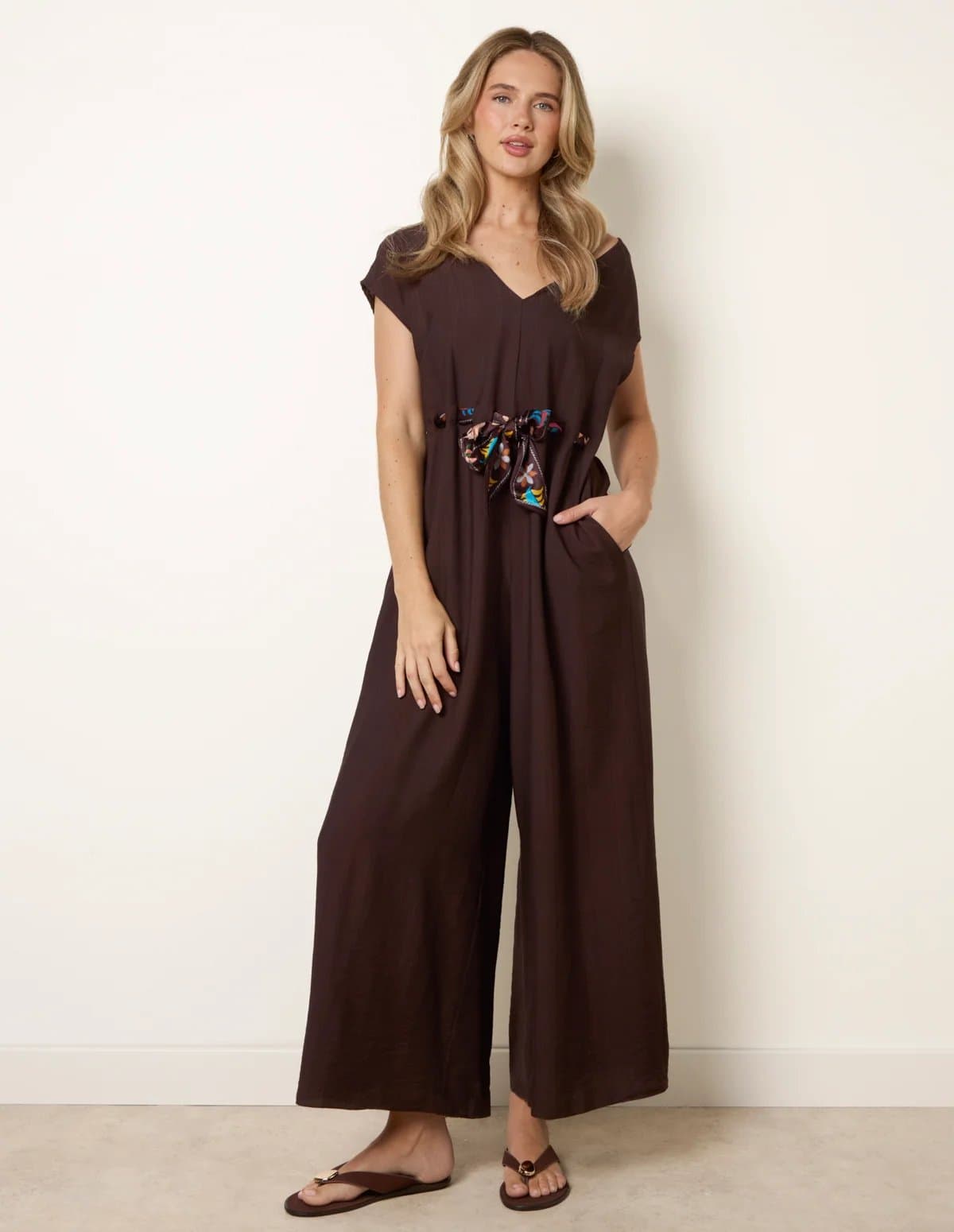 Blue Vanilla Belted Tie Drawstring Scarf Jumpsuit