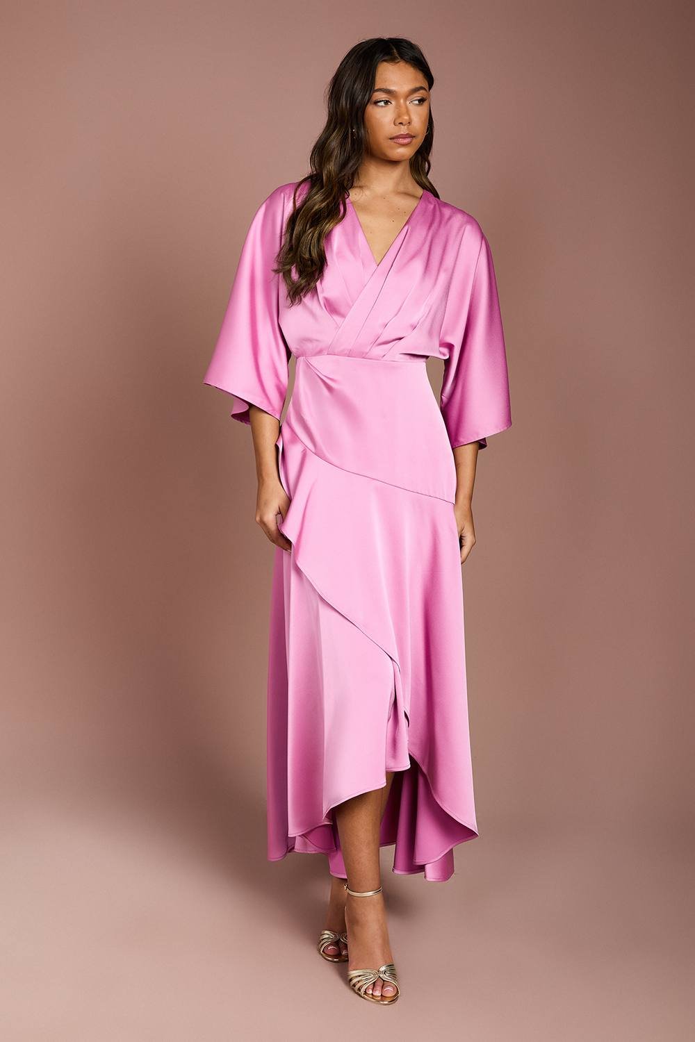 Coast Coast Women's Satin Back Crepe Ruffle Wrap Midi Dress in Pink - 2