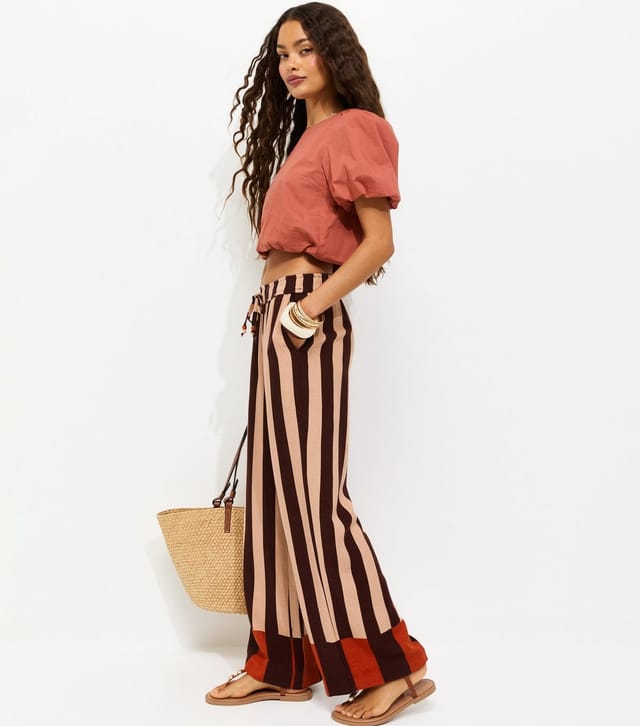 New Look Women's Petite Brown with Linen Stripe Wide Leg Trousers New Look - 3