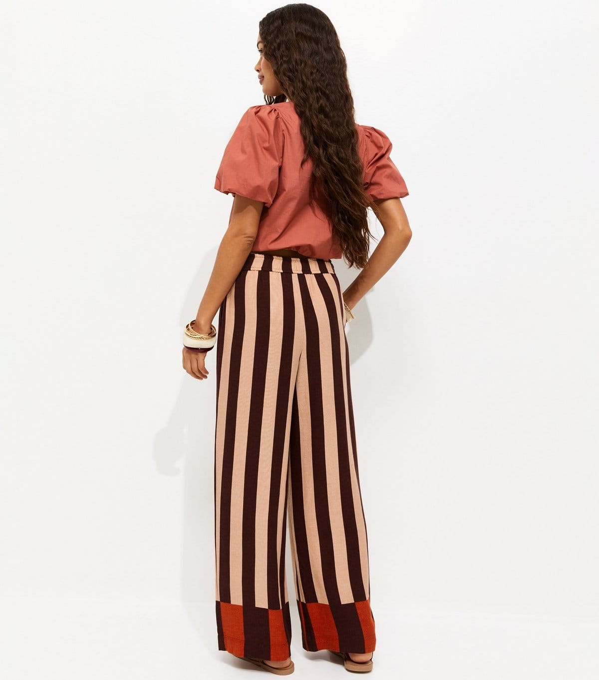 New Look Women's Petite Brown with Linen Stripe Wide Leg Trousers New Look - 4