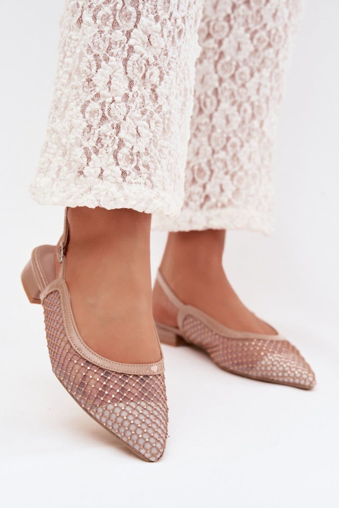 Love Lace Love Lace Women's Mesh Ballet Flats Pointed Toe Buckle Comfort Zirconia in Beige