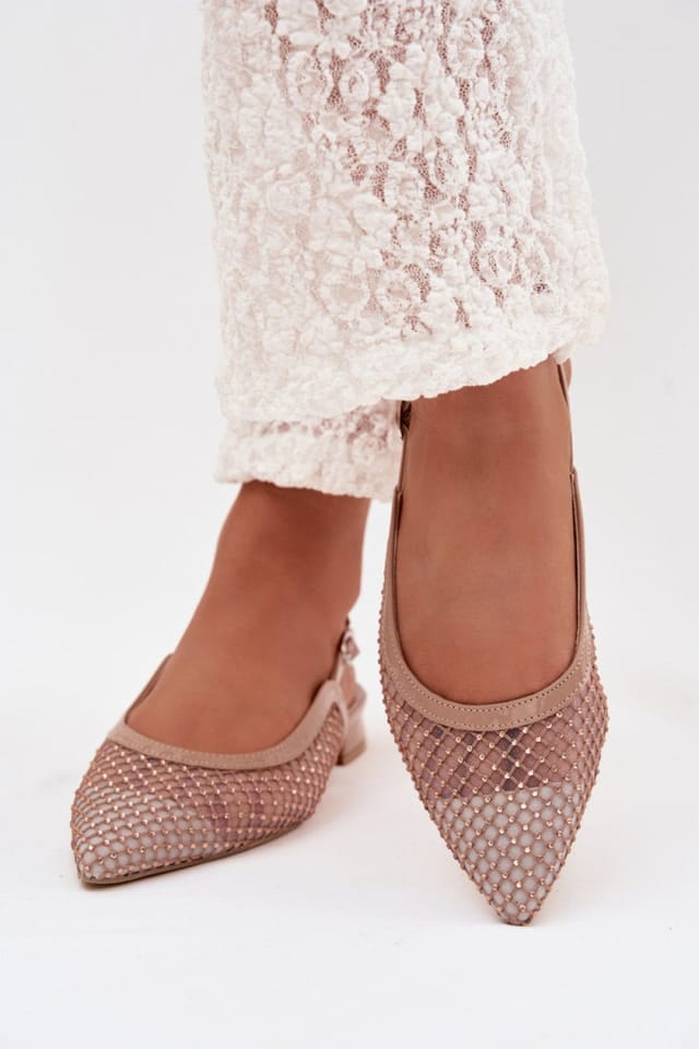 Love Lace Love Lace Women's Mesh Ballet Flats Pointed Toe Buckle Comfort Zirconia in Beige - 3